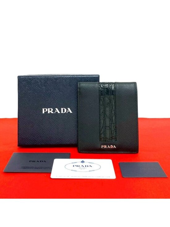 Prada Handbags - Prada Logo Saffiano Croco Embossed Leather Bifold Wallet Black